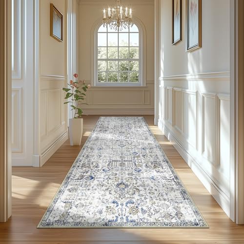 jinchan Runner Rug 3x8 Washable Hallway Rug Vintage Indoor Thin Retro Floor Cover Distressed Floral Country Lightweight Non Slip Carpet for Entryway Bathroom Kitchen Bedroom Living Room Stairway Blue