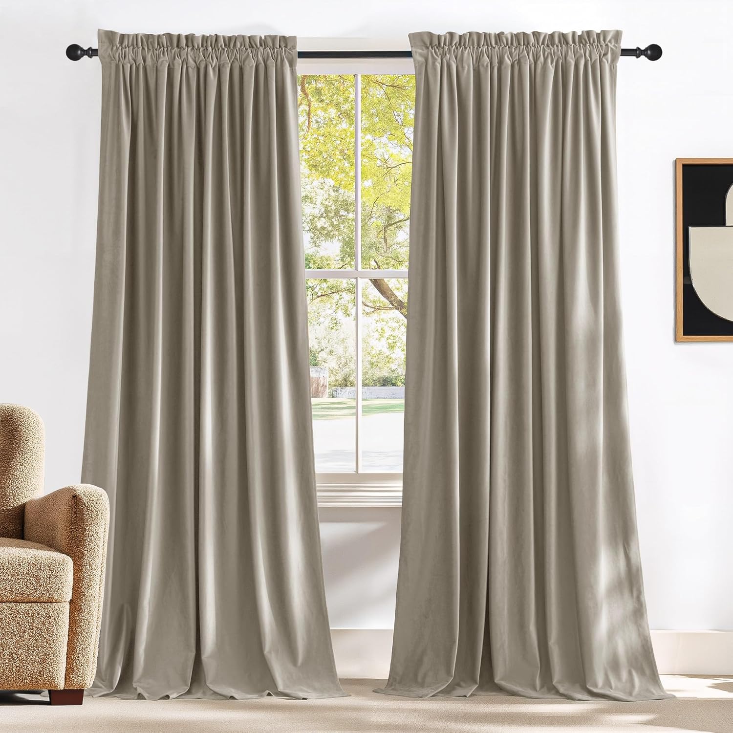 NICETOWN Camel Room Darkening Velvet Curtains 96 inch Long for Bedroom and Living Room - Rod Pocket Window Treatment Drapes Farmhouse for Apartment, Set of 2, 52" Width