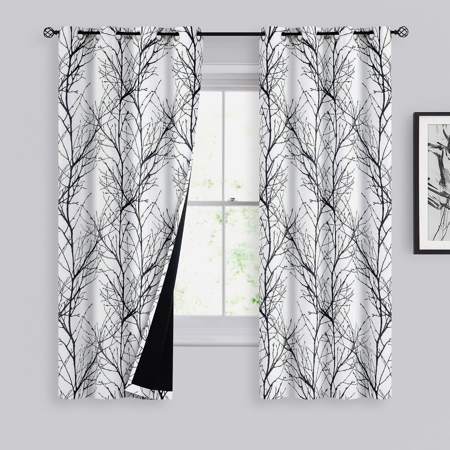 FMFUNCTEX 100% Blackout Curtains 63 Inch Length for Bedroom Living Room, Modern Black Tree Branch Printed Curtains, Thermal Insulated Grommet Room Darkening Curtains & Drapes, 2 Panels