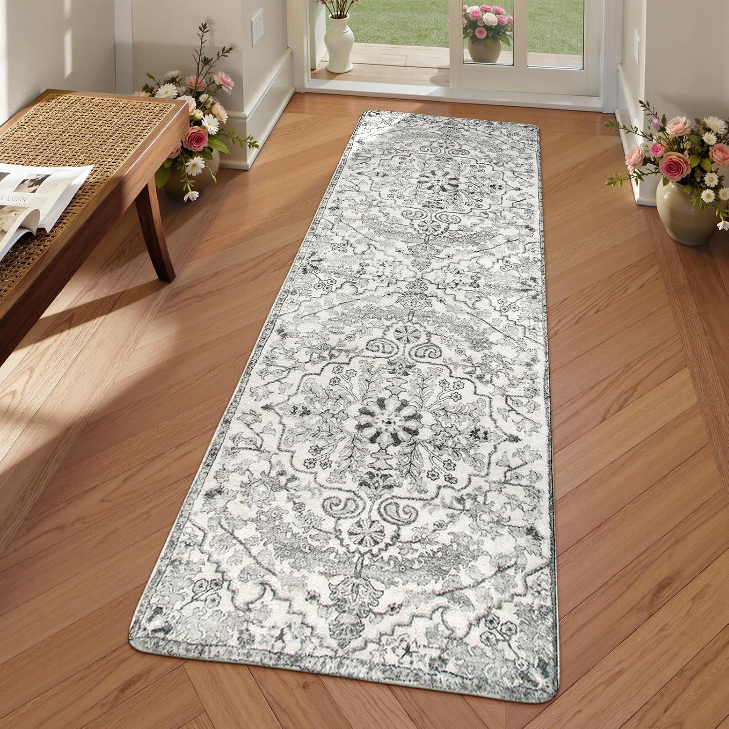 Lahome Kitchen Rugs Non Slip Washable 2x6 Beige Kitchen Runner Rug, Vintage Bathroom Rug, French Country Bohemian Floral Soft Indoor Throw Carpet for Hall, RV Camper