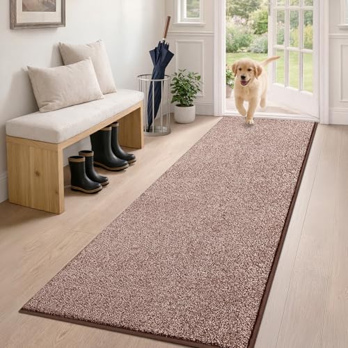 PURRUGS Dirt Trapping Door Mat 24" x 59", Non-Slip Machine Washable Entry Rug, Shoe Scraper, Dog Doormat, Super Absorbent Welcome Mat for Front & Back Door, Muddy Shoes & Paws, Brown-Light Cream