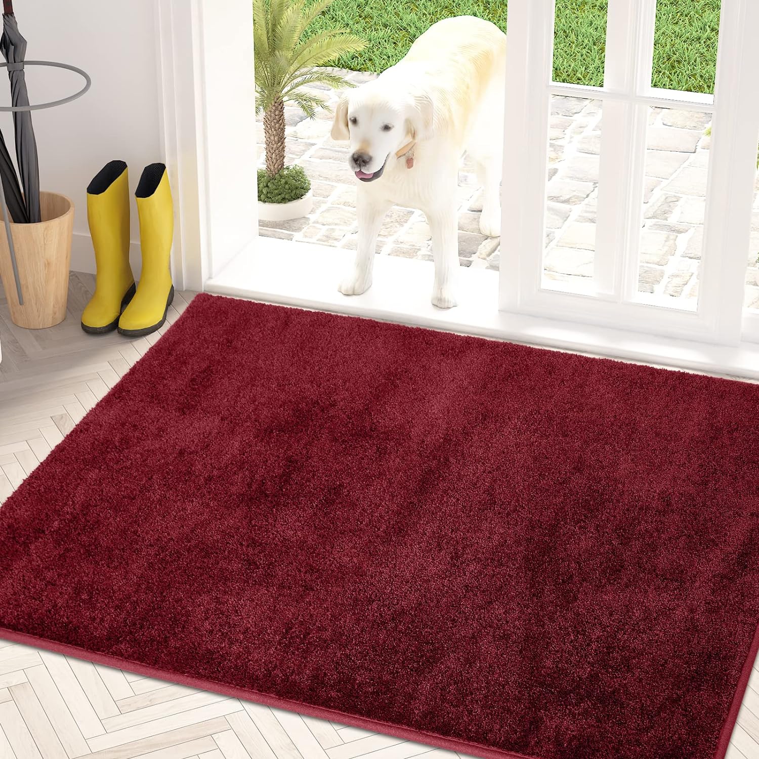 PURRUGS Dirt Trapping Door Mat 34" x 59", Non-Slip Machine Washable Entry Rug, Shoe Scraper, Dog Doormat, Super Absorbent Welcome Mat for Front & Back Door, Burgundy Red
