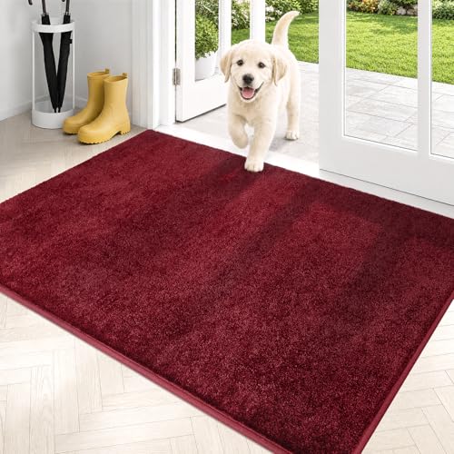 PURRUGS Dirt Trapping Door Mat 31.5" x 47", Non-Slip Machine Washable Entry Rug, Shoe Scraper, Dog Doormat, Super Absorbent Welcome Mat for Front & Back Door, Muddy Shoes & Paws, Burgundy Red