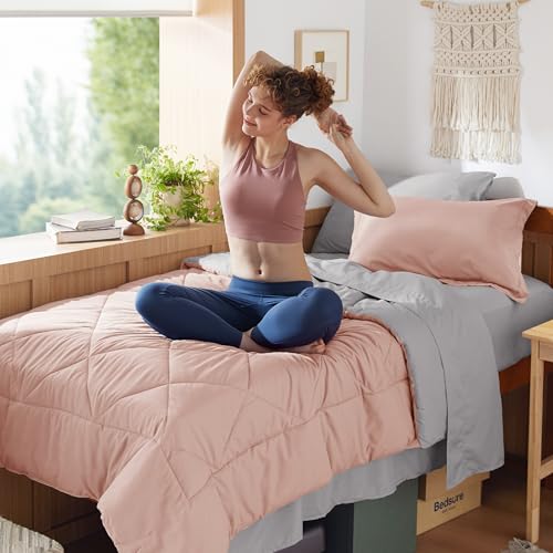 Bedsure Twin XL Comforter Set - 5 Pieces Reversible Blush Pink Bedding, Twin XL Size Bed Set for All Seasons, Bed in a Bag with Down Alternative Comforter, Sheets, Pillowcase & Sham