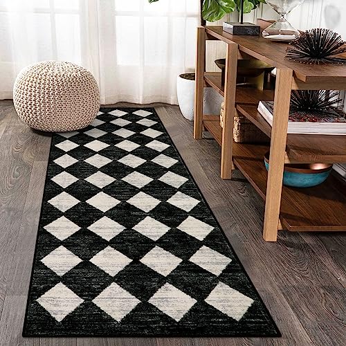 Lahome Moroccan Trellis Runner Rug - 2x6 Washable Black Bathroom Runner Rug Laundry Room Carpet Runners, Modern Soft Non Slip Indoor Floor Accent Mat for Bedside Kitchen Hall Bar Entryway RV