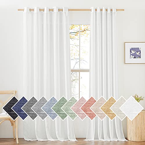 NICETOWN Faux Flax Linen Light Filtering Sheer Curtains for Sliding Door, Grommet Rustic Flax Window Treatment Semi Sheer Drapes for Farmhouse/French Door, Ivory, W70 x L84, Set of 2
