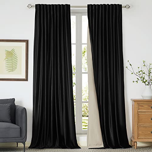 Black Plush Velvet Blackout Curtains 108 inch
