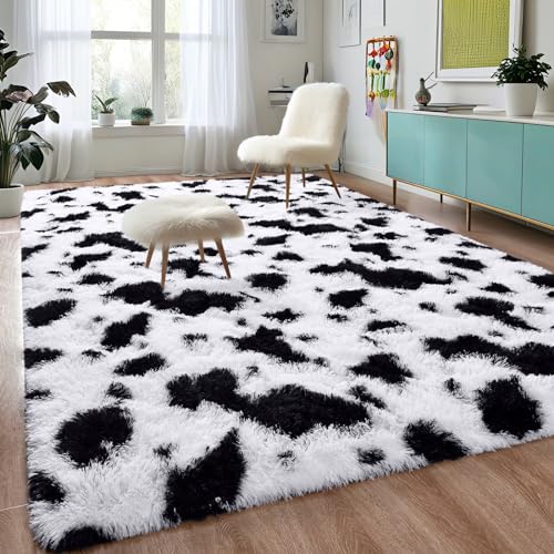 DweIke Fluffy Black White Rugs for Bedroom Living Room, 5x8 Feet Soft Plush Shaggy Cow Hide Print Girls Boys Kids Rug, Non-Slip and Machine Washable Carpet for Dorm Nursery Classroom Decor