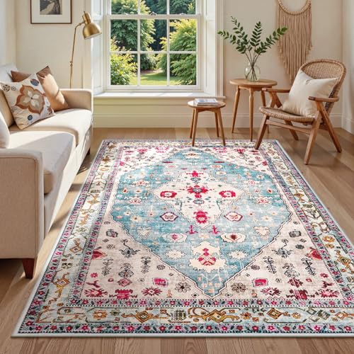 Lahome Boho Tribal Area Rug - 5x7 Aqua Large Rugs for Bedroom Washable Rug for Living Room, Distressed Soft Non Slip Indoor Throw Dining Room Carpet for Apartment Coffee Table Sunroom Office