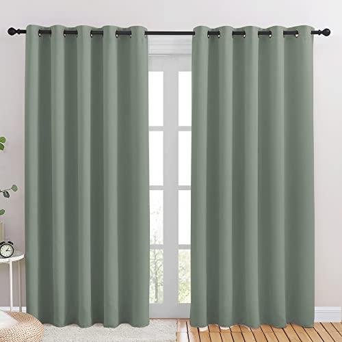NICETOWN Blackout Draperies Curtains for Kids Room, Window Treatment Thermal Insulated Solid Grommet Blackout Drape Panels for Bedroom (Greyish Green, Set of 2, 70 by 84 inches)