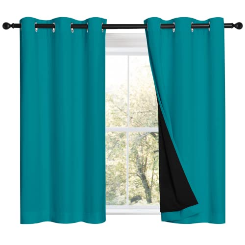 NICETOWN Peacock Teal 100% Blackout Curtains 45 inches Long, 2 Thick Layers Completely Blackout Window Treatment Thermal Insulated Lined Drapes for Small Window (1 Pair, 42 inches Width Each Panel)