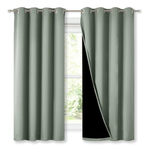 NICETOWN Greyish Green 100% Blackout Lined Curtains, 2 Thick Layers Completely Blackout Window Treatment Thermal Insulated Drapes for Kitchen/Bedroom (1 Pair, 52" Width x 63" Length Each Panel)