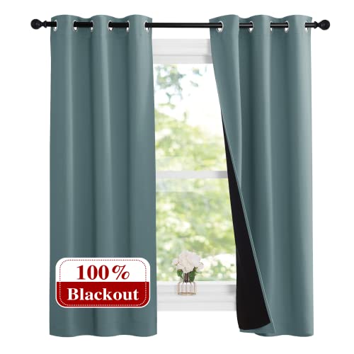 NICETOWN Aqua 100% Blackout Lined Curtains, 2 Thick Layers Narrow Wide Window Treatment Panels Thermal Insulated Drapes for Kitchen Small Window (1 Pair, 37" Width x 63" Length Each Panel)