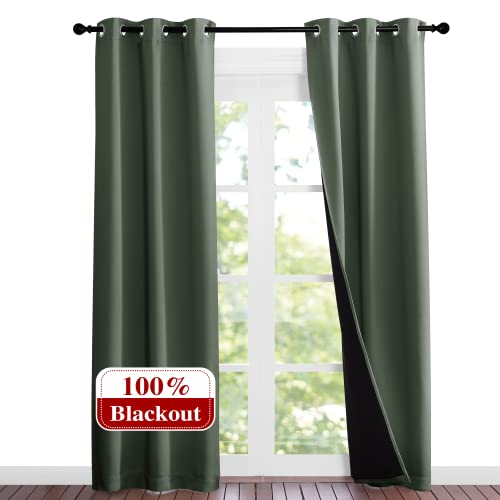 NICETOWN Dark Mallard Blackout Curtains 84 inches Long, Full Light Blocking Drapes with Black Liner for Nursery, Noise Reducing Thermal Insulated Draperies for Doorway (2 Pieces, 37" Wide Each Panel)
