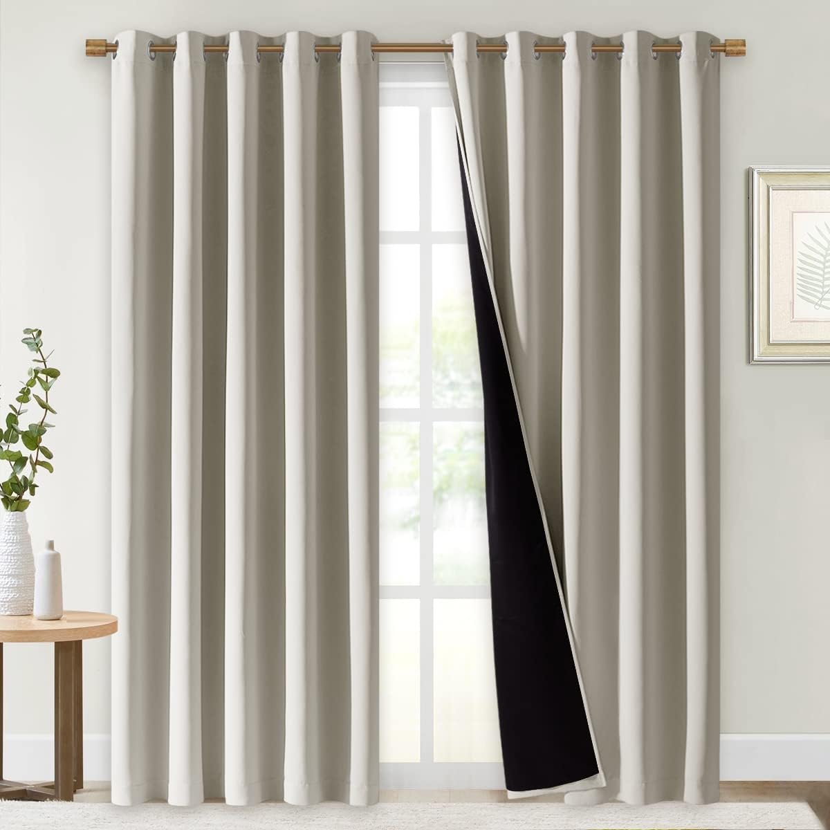 NICETOWN 100% Blackout Window Curtain Panels, Full Light Blocking Drapes with Black Liner for Nursery, 84" Drop Thermal Insulated Draperies (Natural, 2 Pieces, 70" Wide Each Panel)