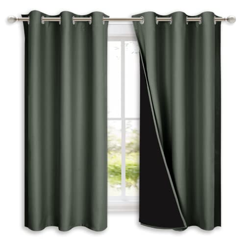 NICETOWN Dark Mallard 100% Blackout Lined Curtains, 2 Thick Layers Completely Blackout Window Treatment Panels Thermal Insulated Drapes for Kitchen (1 Pair, 42" Width x 63" Length Each Panel)