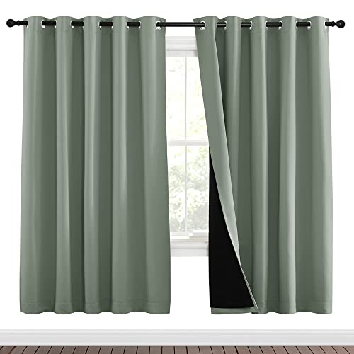 NICETOWN 100% Blackout Window Curtain Panels, Full Light Blocking Drapes with Black Liner for Nursery, 72-inch Drop Thermal Insulated Draperies (Greyish Green, 2 Pieces, 70-inch Wide Per Panel)