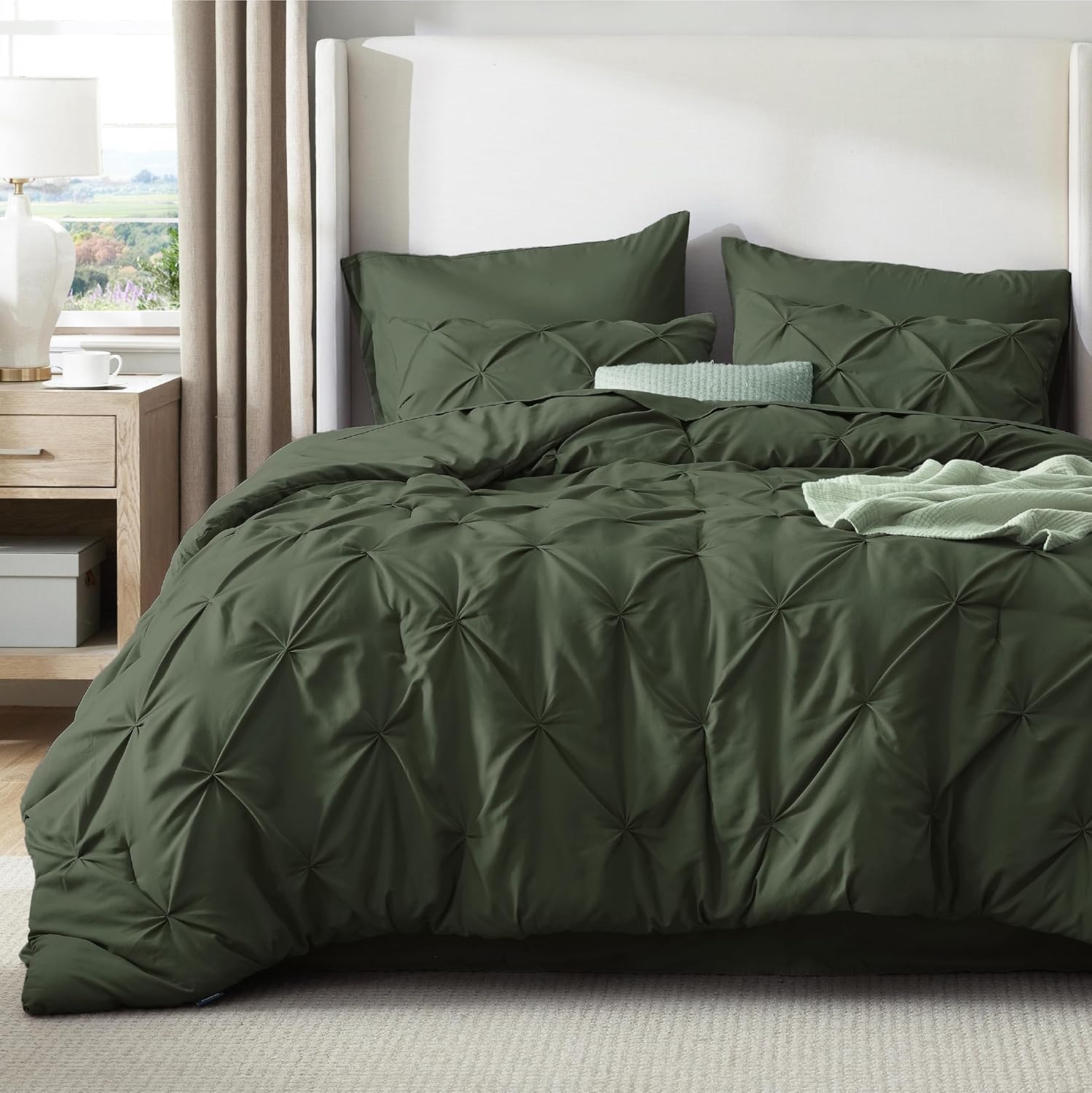 Bedsure Twin XL Comforter Set - Extra Long 5 Pieces Dorm Bedding Sets, GentleSoftTM Pinch Pleat Olive Green Bed in a Bag with Pintuck Comforter, Sheets, Pillowcase & Sham
