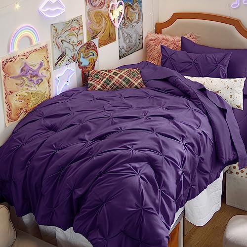 Bedsure Twin XL Comforter Set - Extra Long 5 Pieces Dorm Bedding Sets, GentleSoftTM Pinch Pleat Purple Bed in a Bag with Pintuck Comforter, Sheets, Pillowcase & Sham