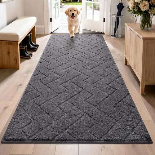 PURRUGS Dirt Trapping Door Mat 32" x 70", Non-Slip Machine Washable Entry Rug, Shoe Scraper, Dog Doormat, Super Absorbent Welcome Mat for Front & Back Door, Muddy Wet Shoes & Paws, Charcoal