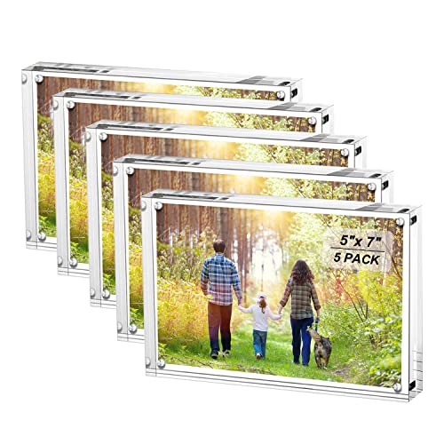 Boxalls 5x7 Acrylic Picture Frames - 5 Pack, Clear Frameless 5x7 Inches Photo Frames with Magnetic, Double Sided Transparent Desktop Frame(5 Pack)