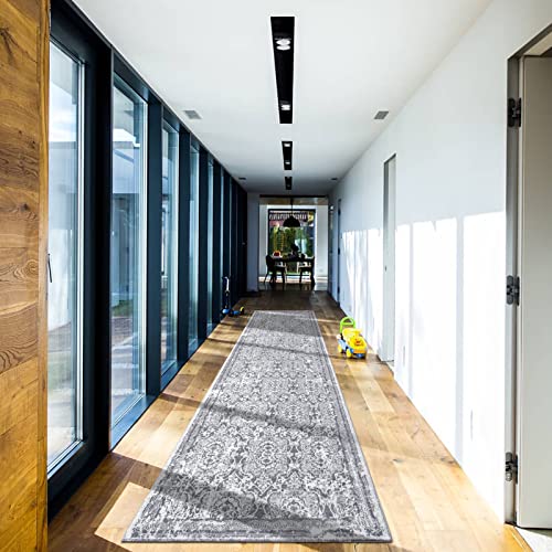 Vaukki Hallway Runner Rug, Vintage Shaggy Soft Laundry Rug Runner, Non Slip Entryway Runner Mat, Washable Farmhouse Kitchen Area Carpet for Bathroom, Entryway and Bedroom (2'6'' X 10', Grey)