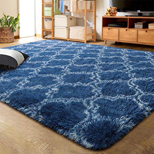 LOCHAS Luxury Shag Area Rug 8 x10 Feet Geometric Plush Fluffy Rugs, Extra Soft Carpet Runner Rugs for Bedroom Living Room Dorm Kids, High Pile Shaggy Floor Rug Decor, Light Navy/White