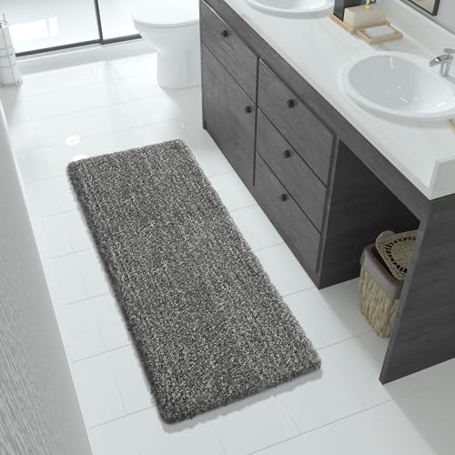 Yimobra Luxury Bathroom Rugs, Fluffy Bath Mats, Non Slip, Water Absorbent Microfiber, Machine Washable, Plush Runner Shower Rugs, Thick Matts for Bathroom Floor&Tub, 56"x 24", Light Gray and Black Gray
