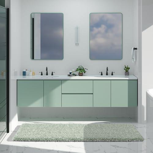 Yimobra Luxury Bathroom Rugs, Fluffy Bath Mats, Non Slip, Water Absorbent Microfiber, Machine Washable, Plush Runner Shower Rugs, Thick Matts for Bathroom Floor&Tub, 70"x 24", Light Green and White