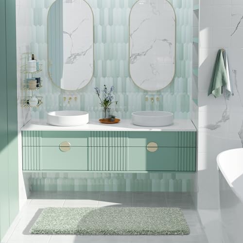 Yimobra Luxury Bathroom Rugs, Fluffy Bath Mats, Non Slip, Water Absorbent Microfiber, Machine Washable, Plush Runner Shower Rugs, Thick Matts for Bathroom Floor&Tub, 47"x 24", Light Green and White