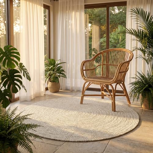 Hausattire Hand Woven Jute Braided Rug, 4 Round  Off White, Reversible Boho Entry Area Rugs for Kitchen, Living Room I Farmhouse Decorative Floor Rug, 4 Feet Round