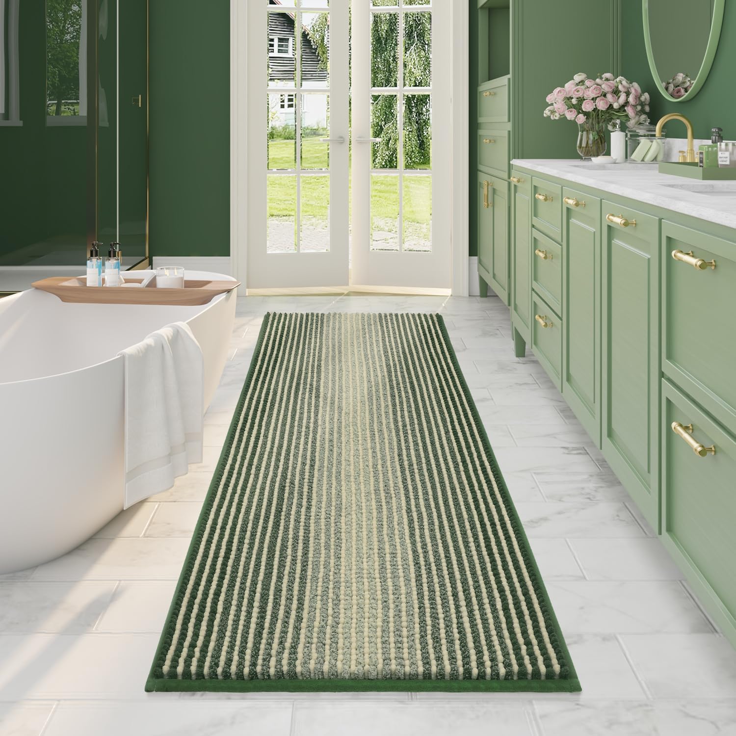 BSICPRO Large Bathroom Rugs, Bath Mat Rug for Bath Non Slip 24 x 70 Inches Water Absorbent Chenille Bathroom Runner Rugs Floor Mats Machine Washable (Sage and Cream)