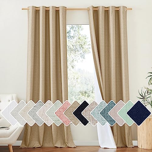 NICETOWN 100% Absolutely Blackout Linen Curtains with Thermal Insulated White Liner, Camel, W52 x L95, 2 Panels, Textured Linen Look Noise Reducing Window Treatments Drapes for Bedroom/Living Room