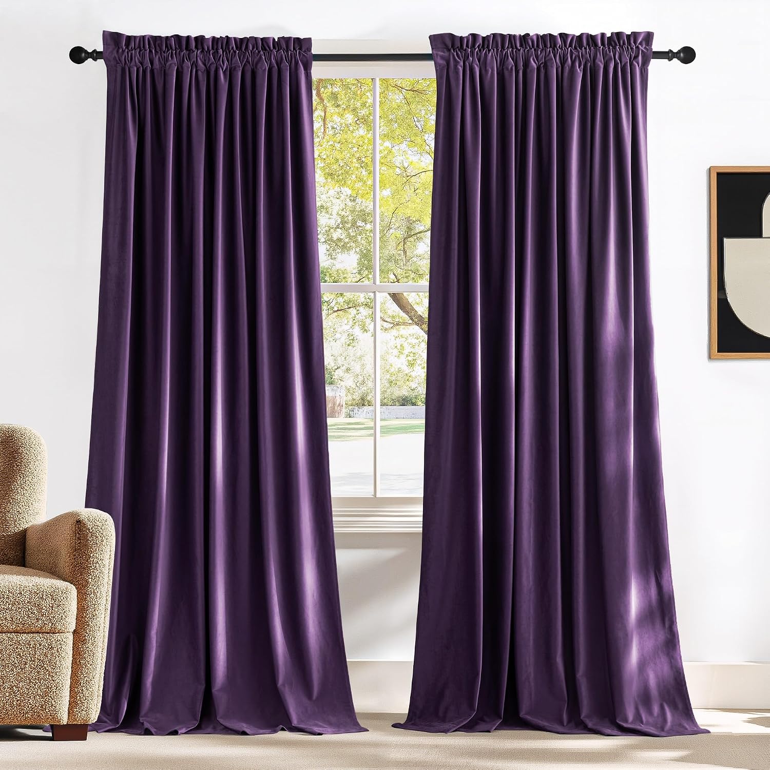 NICETOWN Purple Velvet Curtains 90 inches Long 2 Panels Set (52-inch Wide), Thermal Insulated Sound Reducing Blackout Curtains and Drapes for Film, Window Curtains for Large Door Windows