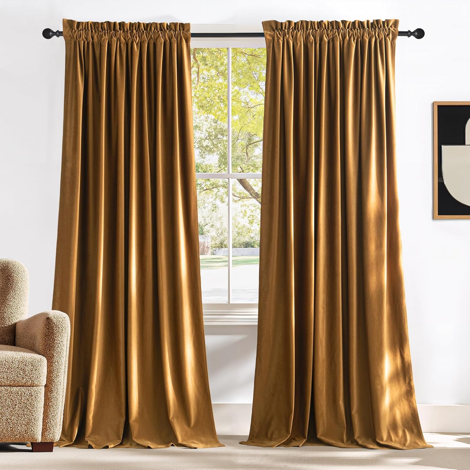 NICETOWN Gold Brown Blackout Fall Velvet Curtains for Living Room 84 inches Long, Thick Warm and Smooth Energy Saving Room Darkening Home Decor Window Treatments, 2 Pieces, 52" W by 84" L