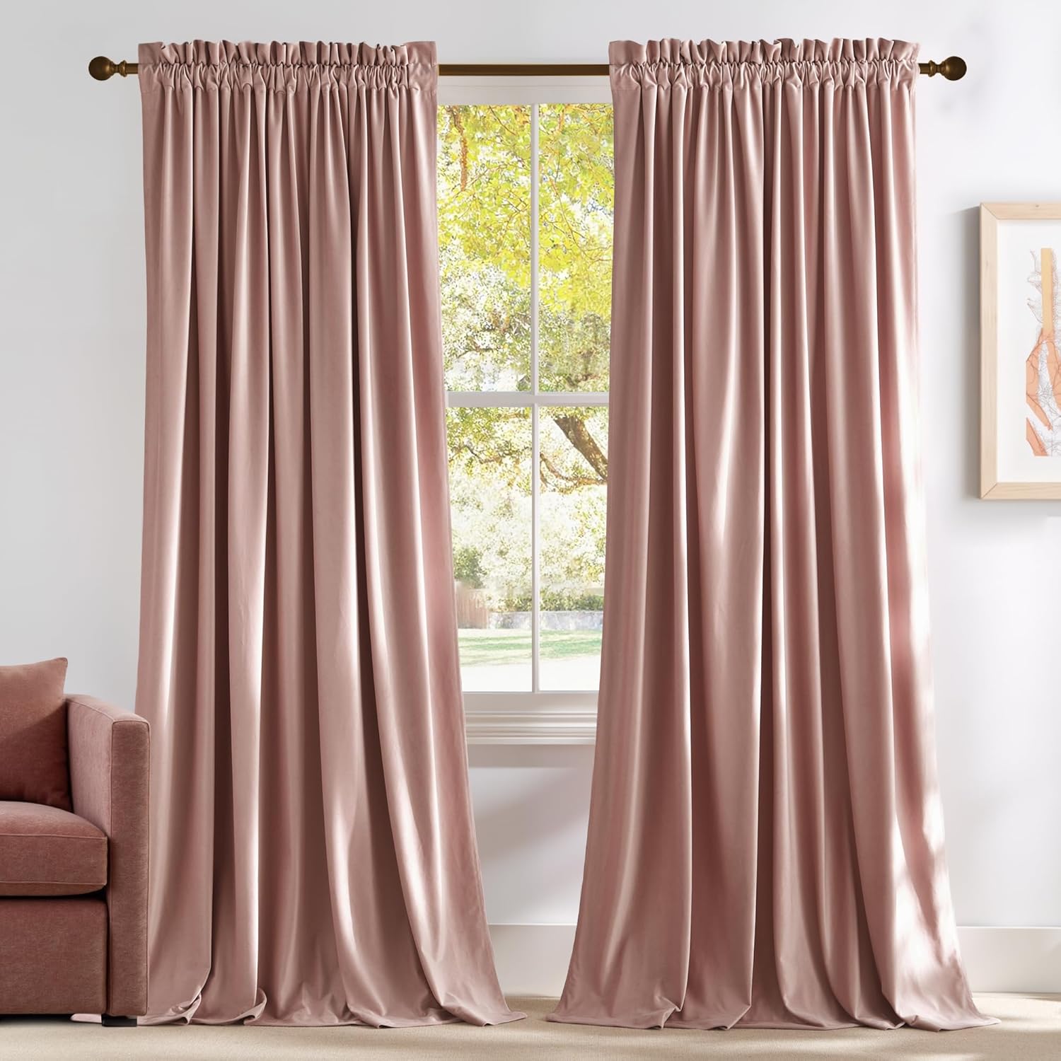 NICETOWN Dusty Pink Velvet Curtains 90 inches Long 2 Panels Set (52-inch Wide), Thermal Insulated Sound Reducing Blackout Curtains and Drapes for Film, Window Curtains for Large Door Windows