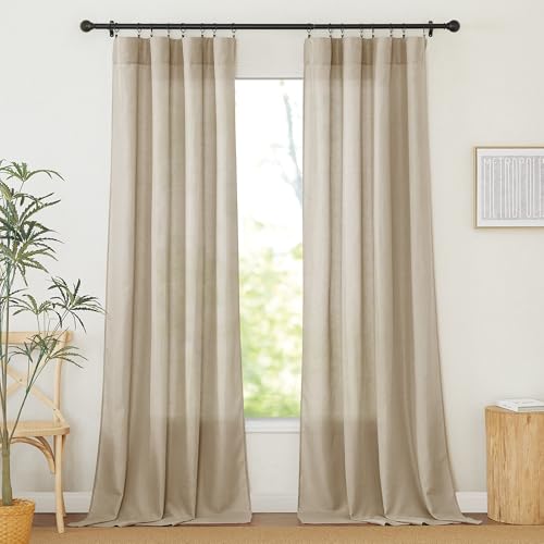 RYB HOME Taupe Thick Linen Curtains Thick Flax Semi Sheer Vertical Drapes Living Room Curtain Privacy UV Protect Window Drapes Light Filters, W 52 x L 90 inch, 2 Pack
