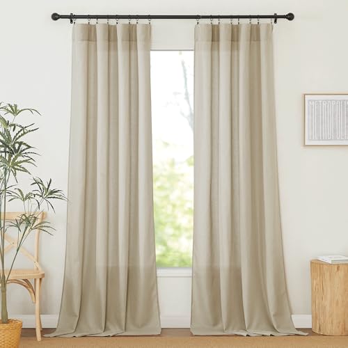 RYB HOME Natural Linen Curtains Window Drapes Light Filtering UV Protection 108-inches Extra Long Rich Linen Textured Window Drapes for Bedroom W 52 x L 108 inches, Pack of 2, Taupe