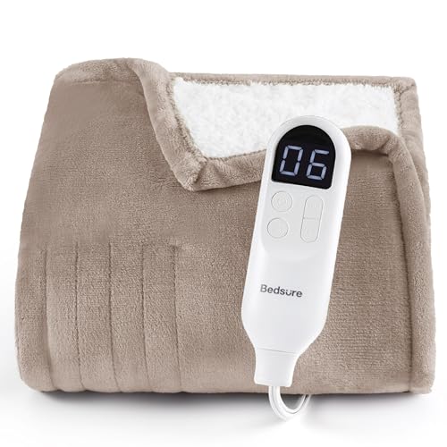 Bedsure Heated Blanket Throw Blanket - Fast Heating Electric Blanket, Soft Flannel Heated Throw with 4 Time Settings, 6 Heating Settings, Warm Gifts for Grandma Grandpa (50x60 inches, Taupe)