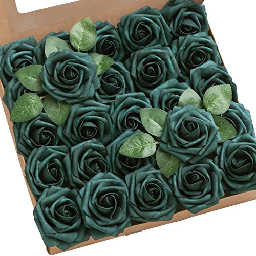 Lings Moment Artificial Flowers 50Pcs Peacock Green Roses Decor w/Stems,3" Real Touch DIY Foam Floral for Wedding Bouquet/Centerpieces, Outdoors Party Backdrop, Room/Table, and Garden/Pot Decorations