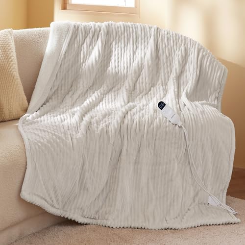 Bedsure GentleSoft Heated Blanket Throw - Soft Ribbed Flannel Electric Blanket, Heating with 4 Time Settings, 6 Heat Settings, and 3 hrs Timer Auto Shut Off, Gifts for Grandma (50x60 inches, Cream)