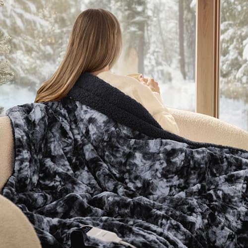 Bedsure Faux Fur Heated Blanket Throw Blanket, Fast Heating Electric Blanket with 6 Heating Levels & 4 Time Settings, Cozy Gifts for Women Men (50x60 inches, Black)