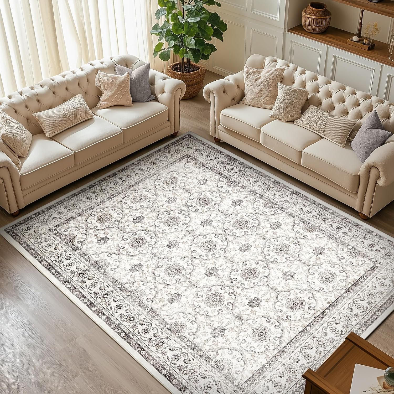 jinchan Floral 6x9 Area Rugs for Living Room - Machine Washable Vintage Distressed Boho Design Throw Rug Stain Resistant Carpet Low-Pile Thin Non-Slip for Bedroom Dining Room Nursery (6x9',Beige)