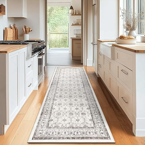 jinchan Hallway Runner Rug 2x8 - Machine Washable Beige Vintage Floral Distressed Design Soft Non-Slip Low-Pile Ultra-Thin Runner Rug for Kitchen Laundry Room Bedroom Farmhouse (2x8',Beige)