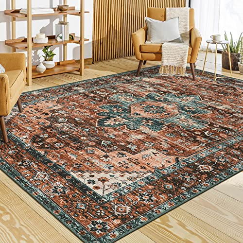 Moynesa Ultra-Thin Vintage Area Rug - 6x9 Washable Bedroom Rug Large Living Room Rug Non-Slip Dining Room Mat, Oriental Printed Low Pile Nursery Carpet for Office Kitchen Entryway, Brick Red/Dull Teal