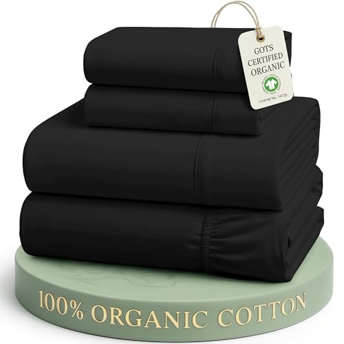 LANE LINEN 100% Organic Cotton Full Sheets Set, 4-Piece Pure Organic Cotton Percale Sheets, Long Staple Cotton Sheet, Ultra Soft Bedding Sheet, Breathable,Fits Mattress Upto 15" Deep - Black