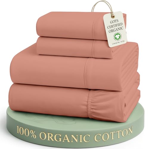LANE LINEN 100% Organic Cotton Full Sheets Set, 4-Piece Pure Organic Cotton Percale Sheets, Long Staple Cotton Sheet, Ultra Soft Bedding Sheets, Breathable,Fits Mattress Upto 15" Deep - Rose Dawn