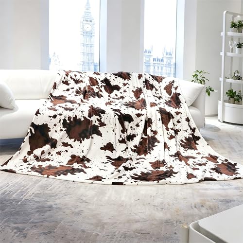 Queen Throw Blanket for Bed & Couch - Oversized Soft Plush Blanket Queen Size Cow Print Throw, Brown & White Western Decor for Bedroom, Living Room & Dorm, Lighweight, All Seasons Use 90"x90"