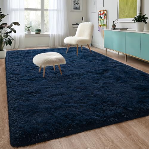 DweIke Fluffy Navy Blue Rugs for Bedroom Living Room, 5x8 Feet Soft Plush Shaggy Dark Blue Girls Boys Kids Rug, Non-Slip and Machine Washable Carpet for Dorm Nursery Classroom Decor