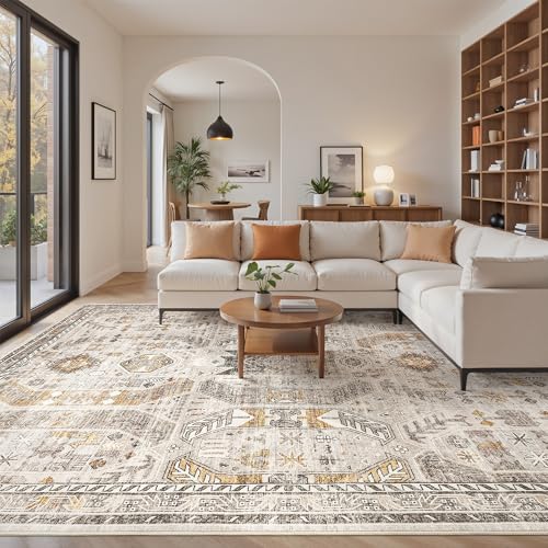 9x12 Area Rug,Ultra-Thin Washable Rugs for Living Room,Non-Slip Lightweight Foldable Area Rug,Stain Resistant Vintage Large Rugs(Brown/Gold, 9'x12')